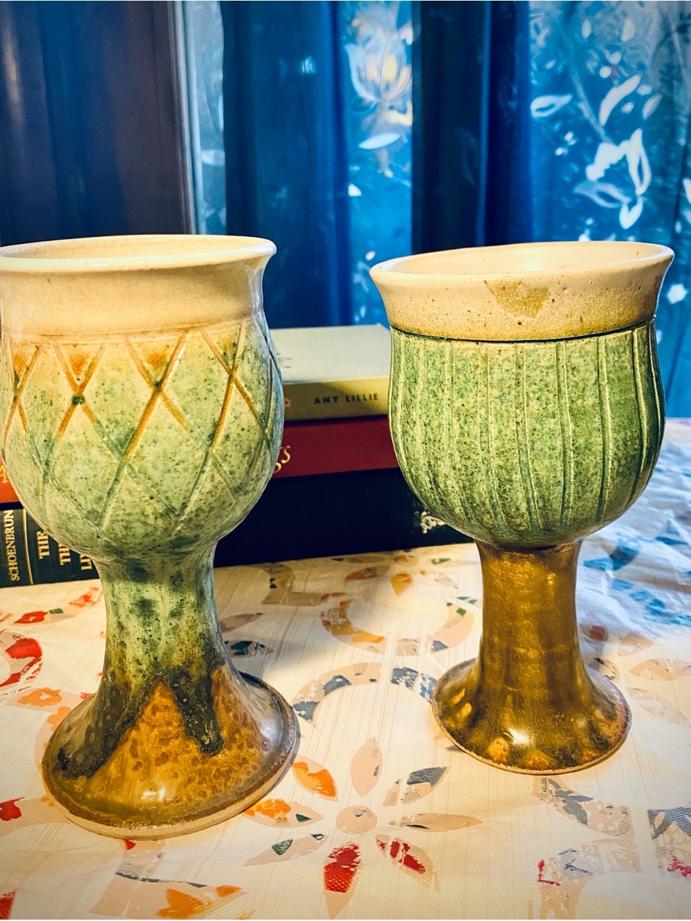 Artisan Crafted Ceramic Goblets with Teal/Brown Glaze- Set of 2 - Beautiful Set